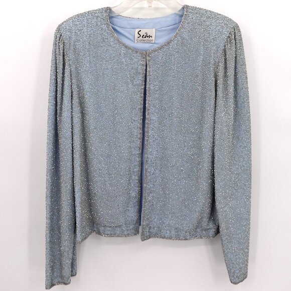 Vintage 100% Silk Beaded Jacket Baby Blue Large - Picture 11 of 11